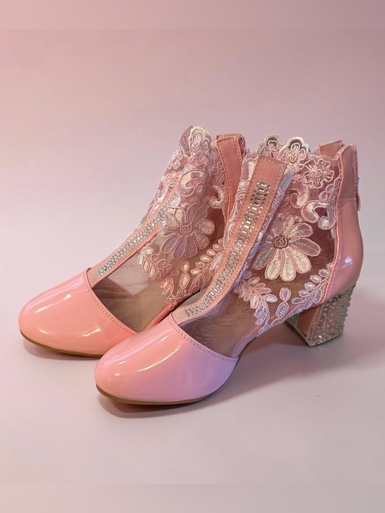 Shoes - 🫶🏻 Women's Pink Lace & Patent Block Heel Ankle Boots